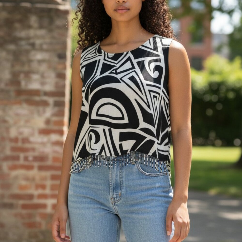 F-159)Key Lime Pie Womens Sleeveless Crop Top Black White Geometric Fringe Hem S